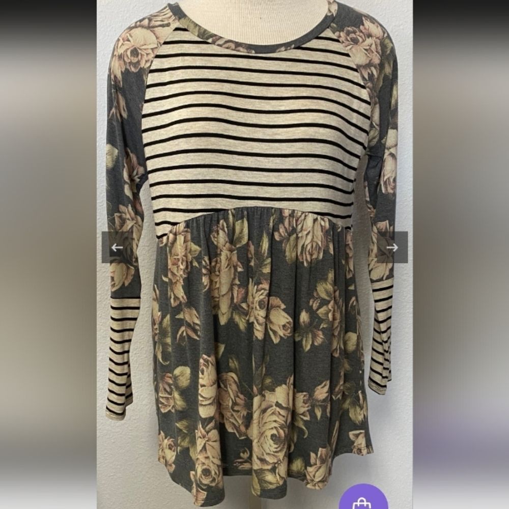 Floral Striped LARGE Womens Top Tunic Shirt Blouse Paisley Grace Boutique